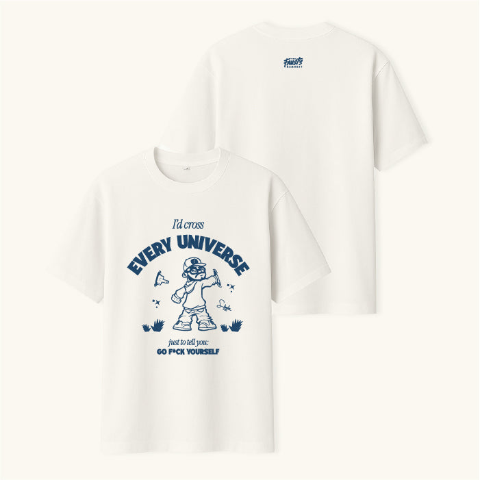 White t-shirt with graphic design and text on a white background