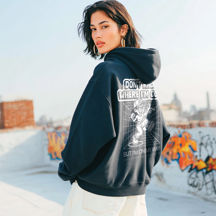 model with graphic hoodie