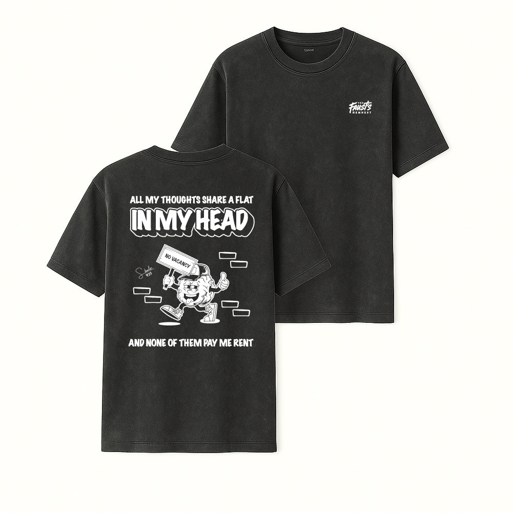 Black t-shirt with graphic design and text on a white background