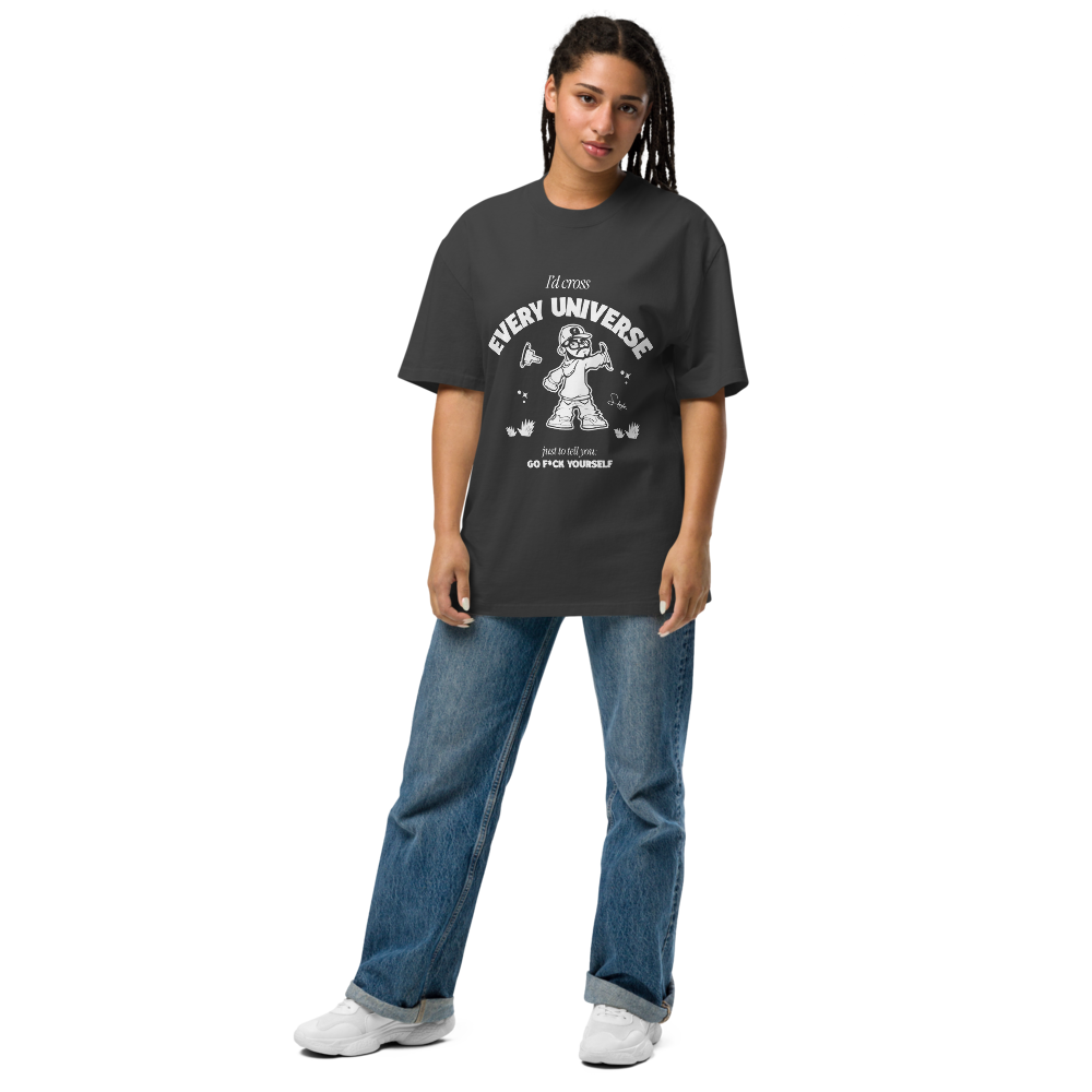 Person wearing a black t-shirt with graphic design and text, standing against a white background