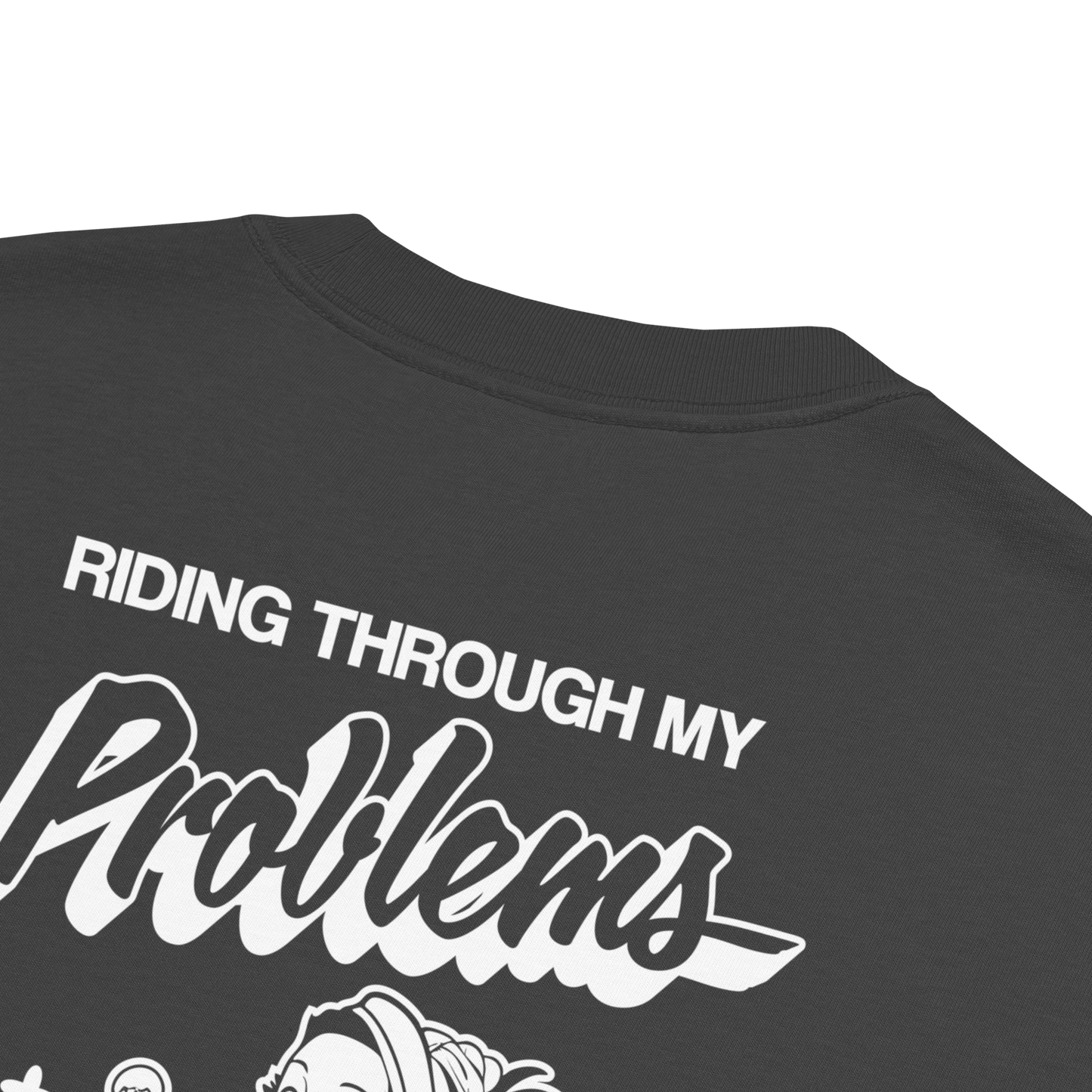 Black t-shirt with white text and graphic design on a white background