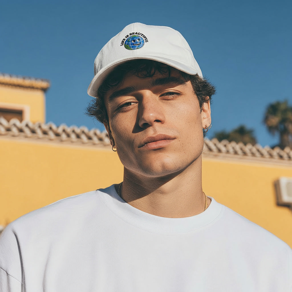 Man wearing a white cap with a logo against a yellow wall and blue sky