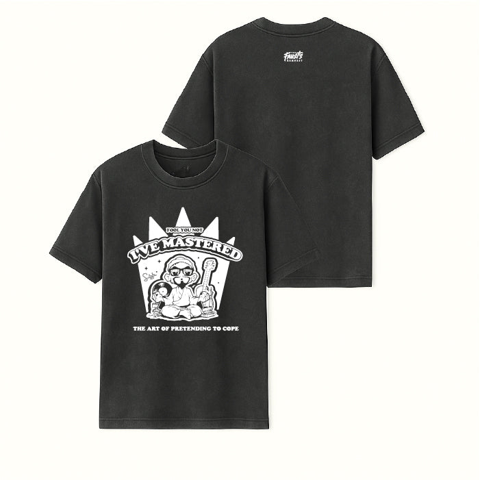 Black t-shirt with graphic design and text on a white background