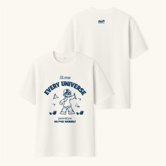 White t-shirt with graphic design and text on a white background