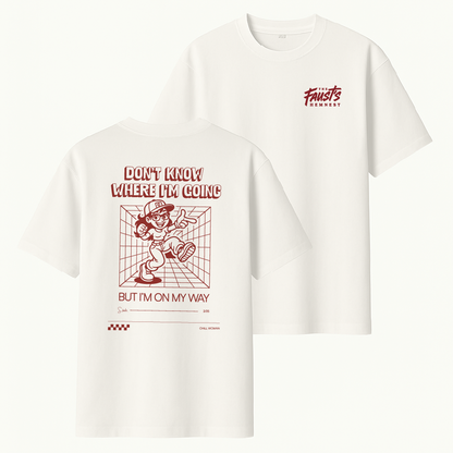 Two white t-shirts with red graphics and text on a white background