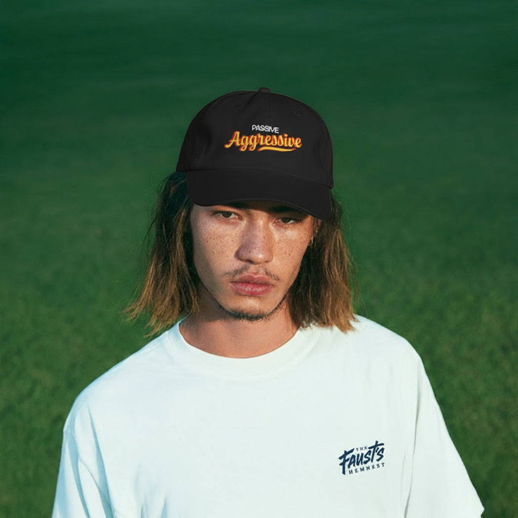 Person wearing a black cap with 'Aggressive' text and a light blue shirt with 'Trusts' text, standing against a green background.