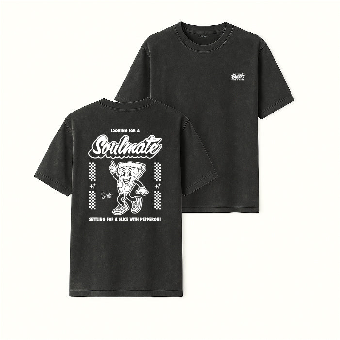 Black t-shirt with white graphic design on a white background
