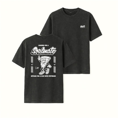 Black t-shirt with white graphic design on a white background