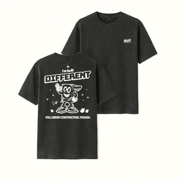 Two black t-shirts with a cartoon character and text on a white background