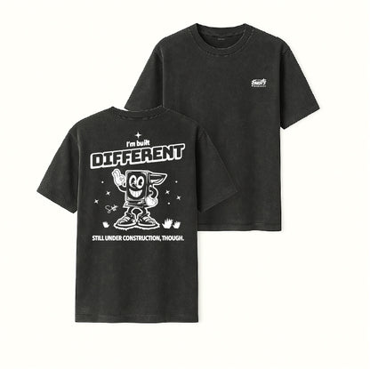 Two black t-shirts with a cartoon character and text on a white background