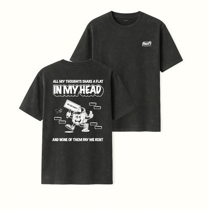 Black t-shirt with graphic design and text on a white background