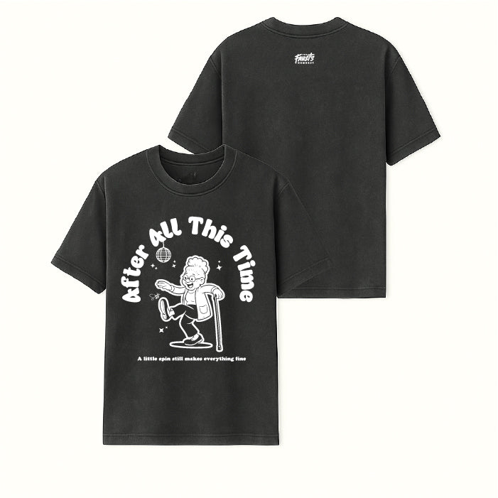 Black t-shirt with white graphic design on a white background