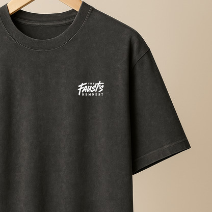 Black t-shirt with white logo on a beige background