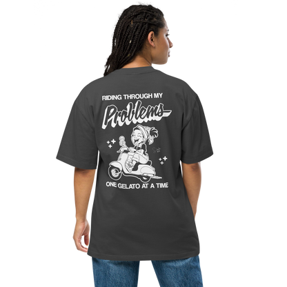 Person wearing a black t-shirt with a graphic design and text on the back, on a white background