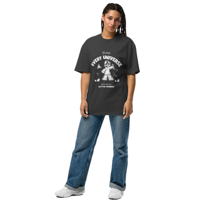 Person wearing a black t-shirt with graphic design and text, standing against a white background