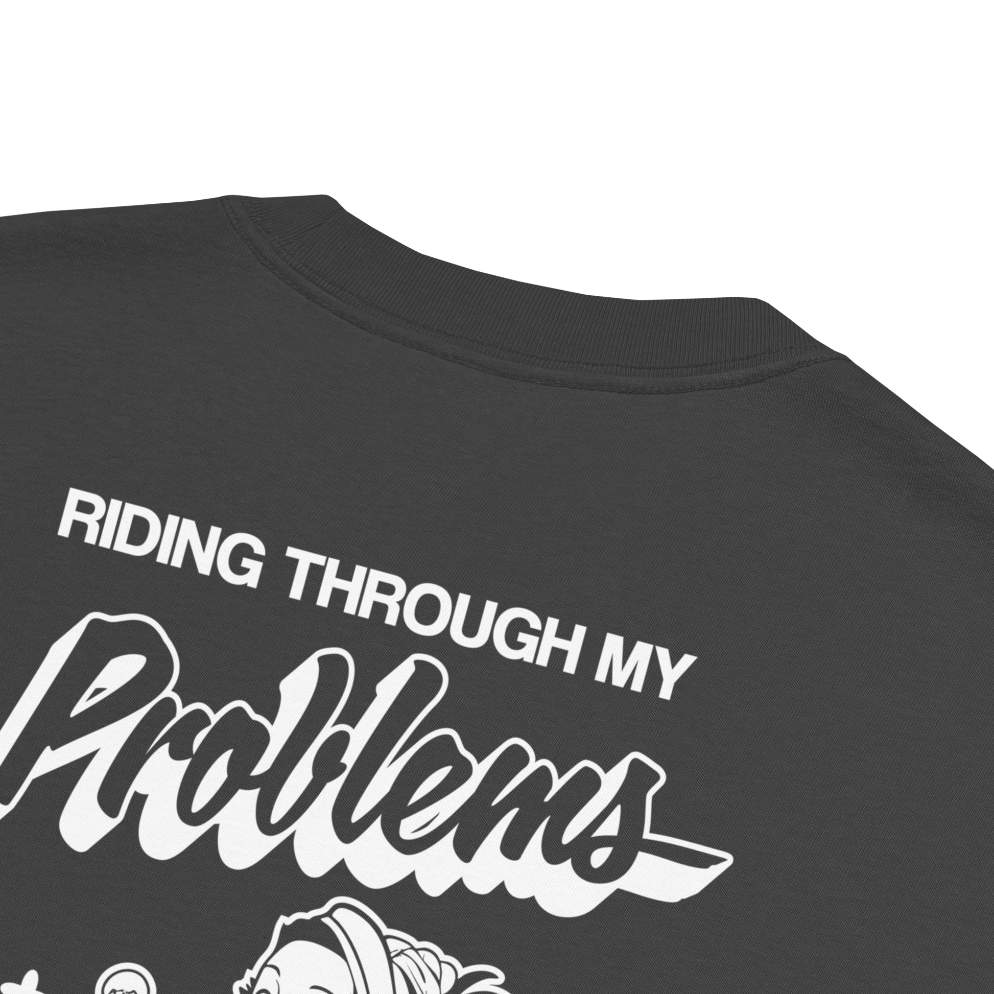 Black t-shirt with white text and graphic design on a white background