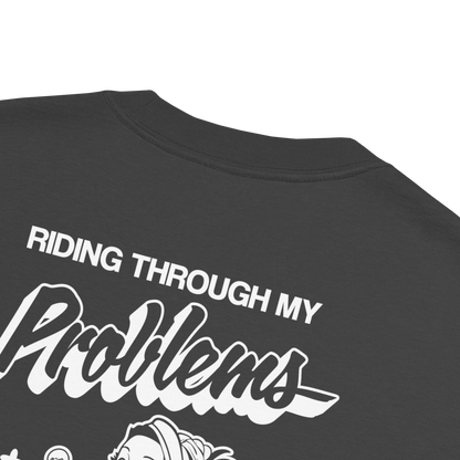 Black t-shirt with white text and graphic design on a white background